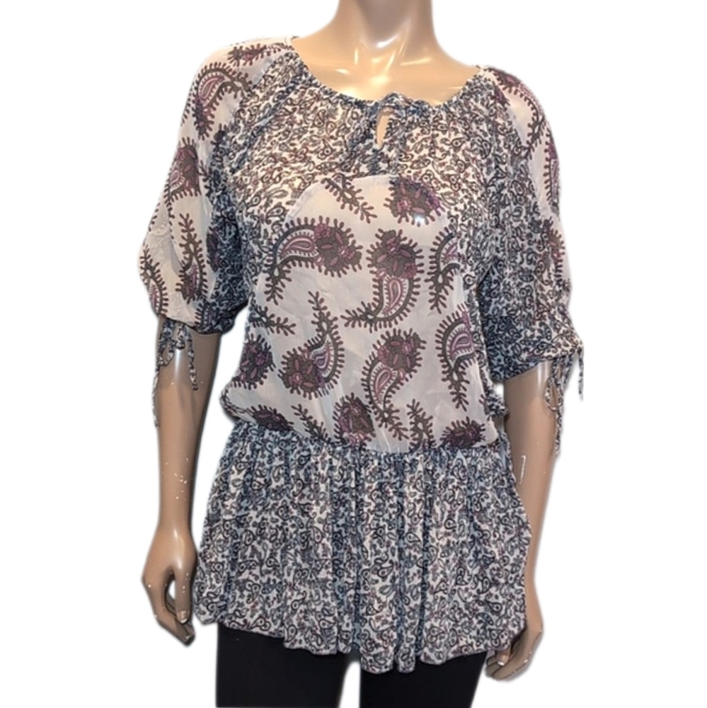 💠SAMSARA Paisley Boho Tunic Top Sheer Tie Sleeve Peplum Off Shoulder Blouse